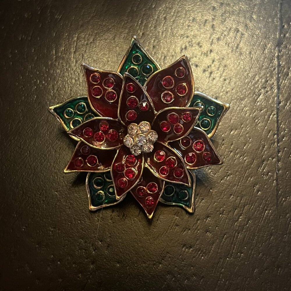 Vintage Monet Poinsettia Christmas Brooch with Red and Green Enamel and Stones